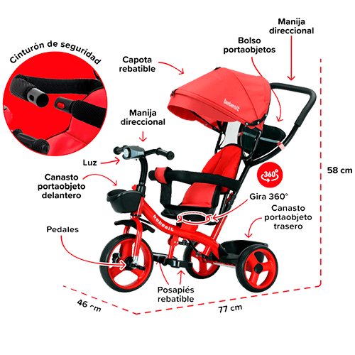 Triciclo 360 con Luz y Barra de Empuje Bebesit