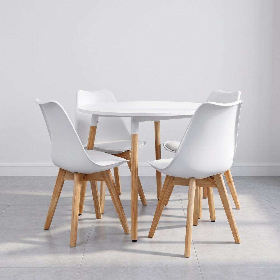 Juego de Mesa Eames Redonda 90Cm + 4 Sillas Tulip Blanco