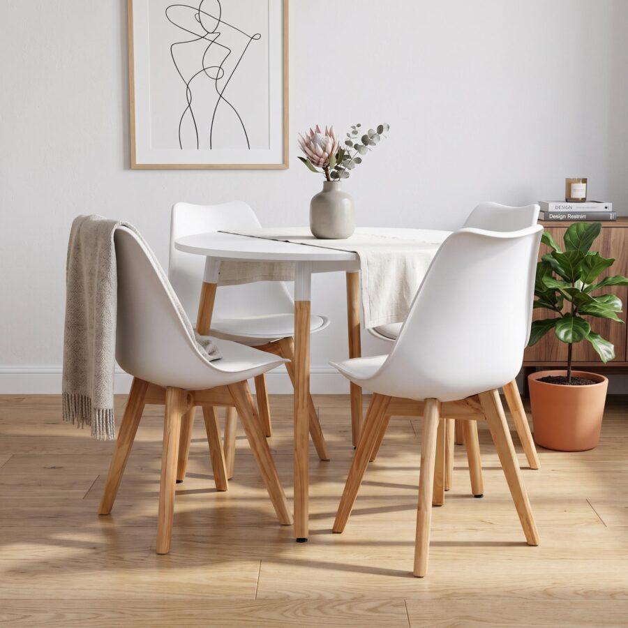 Juego de Mesa Eames Redonda 90Cm + 4 Sillas Tulip Blanco